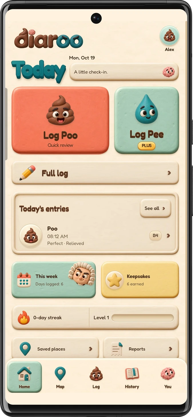 Diaroo Clay journal on Android with synthetic sample entries and a free Poo button