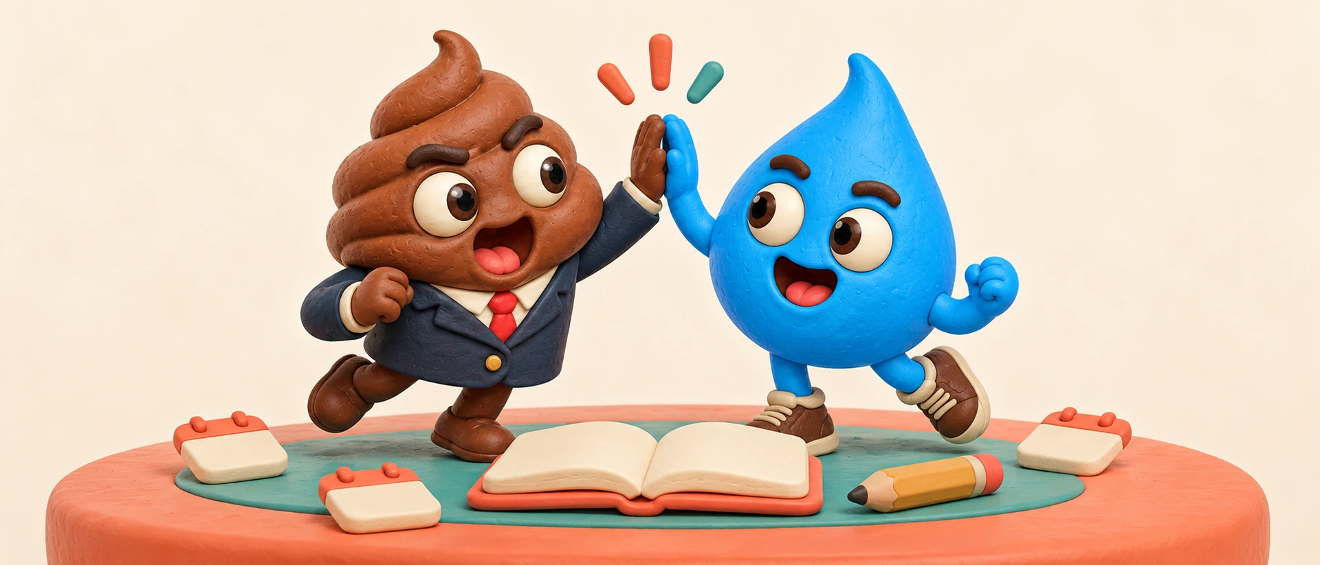 Poo and blue Pip high-five over a little journal.
