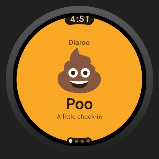 Diaroo Poo home screen on a round Wear OS watch