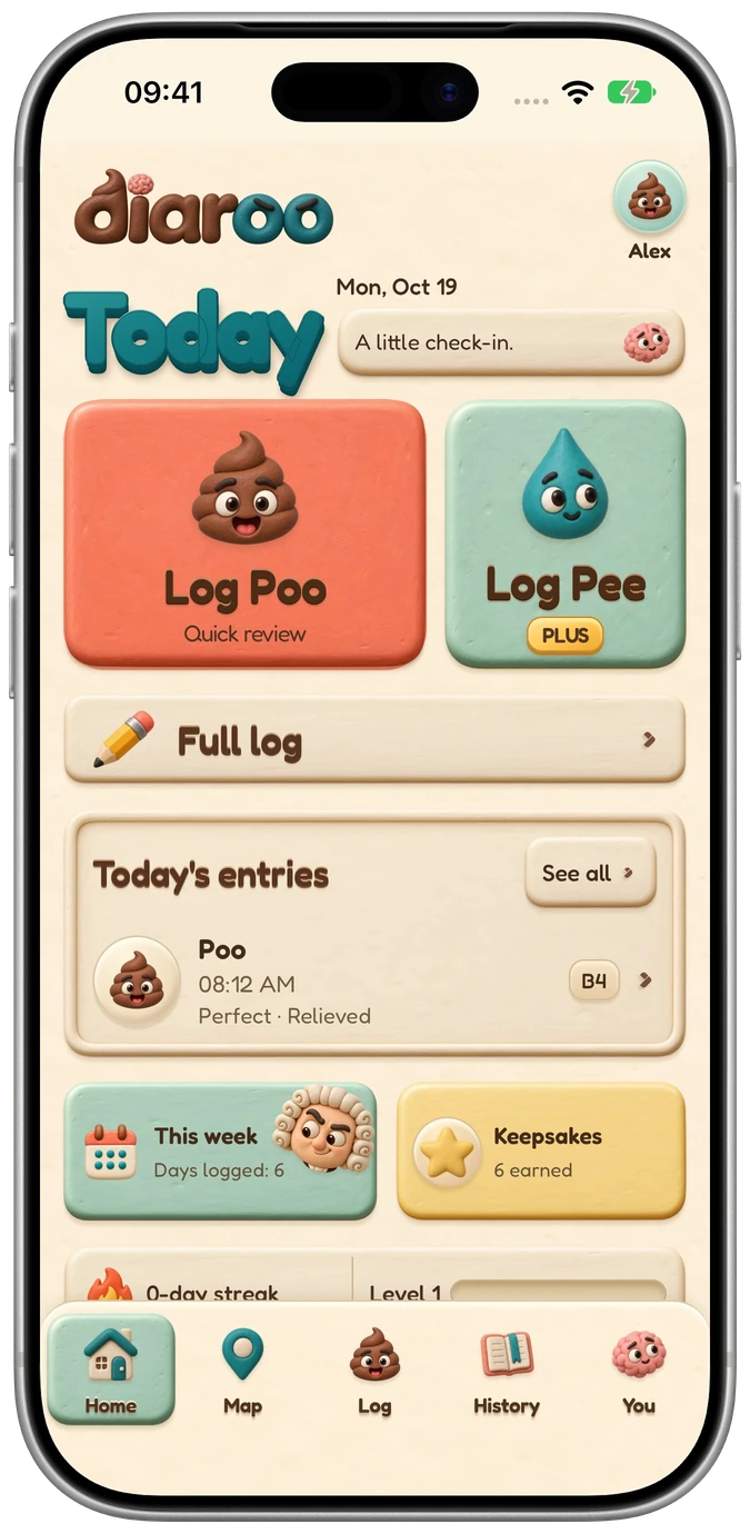 Diaroo 2.0 Clay Home on iPhone, with synthetic entries and free Poo and Premium Pee buttons.