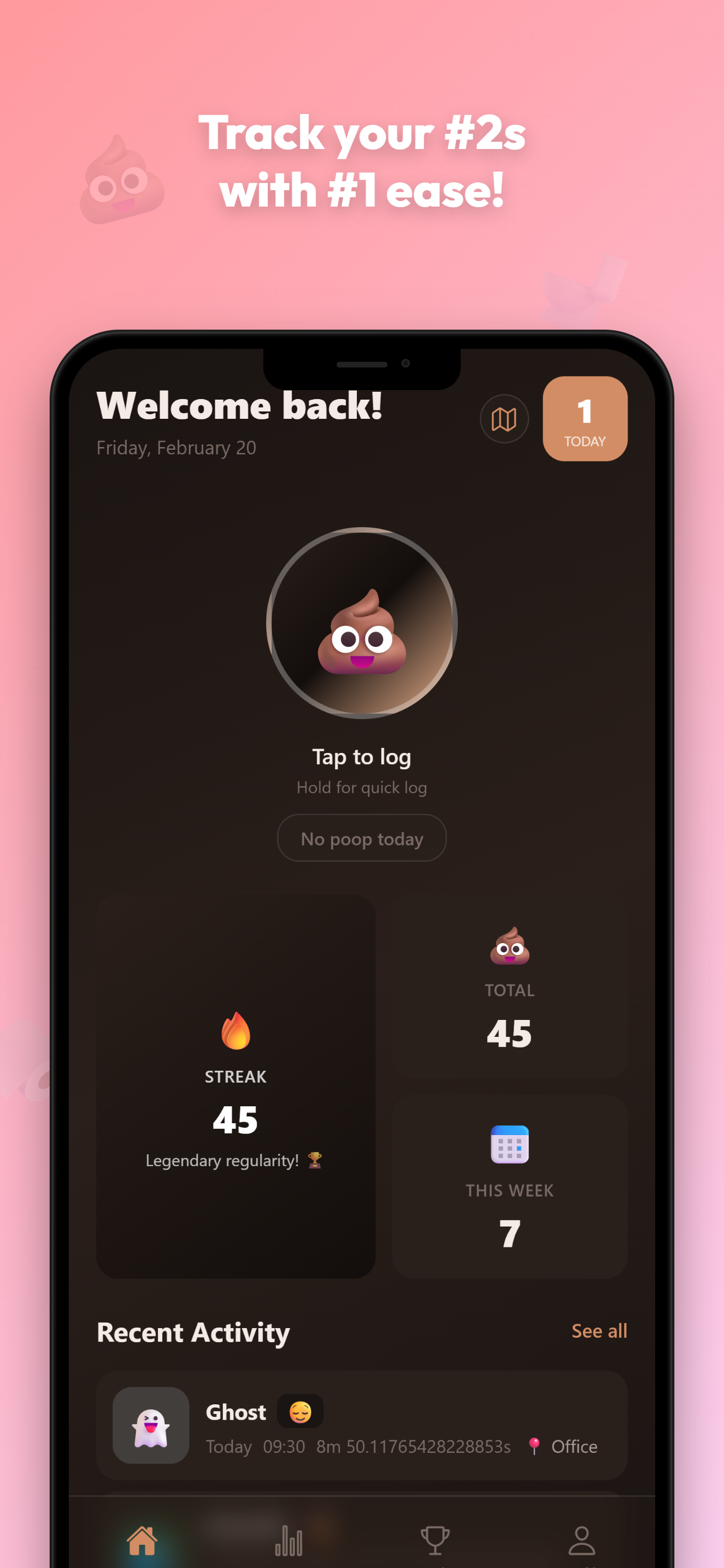 Diaroo home screen showing one-tap logging and streak counter