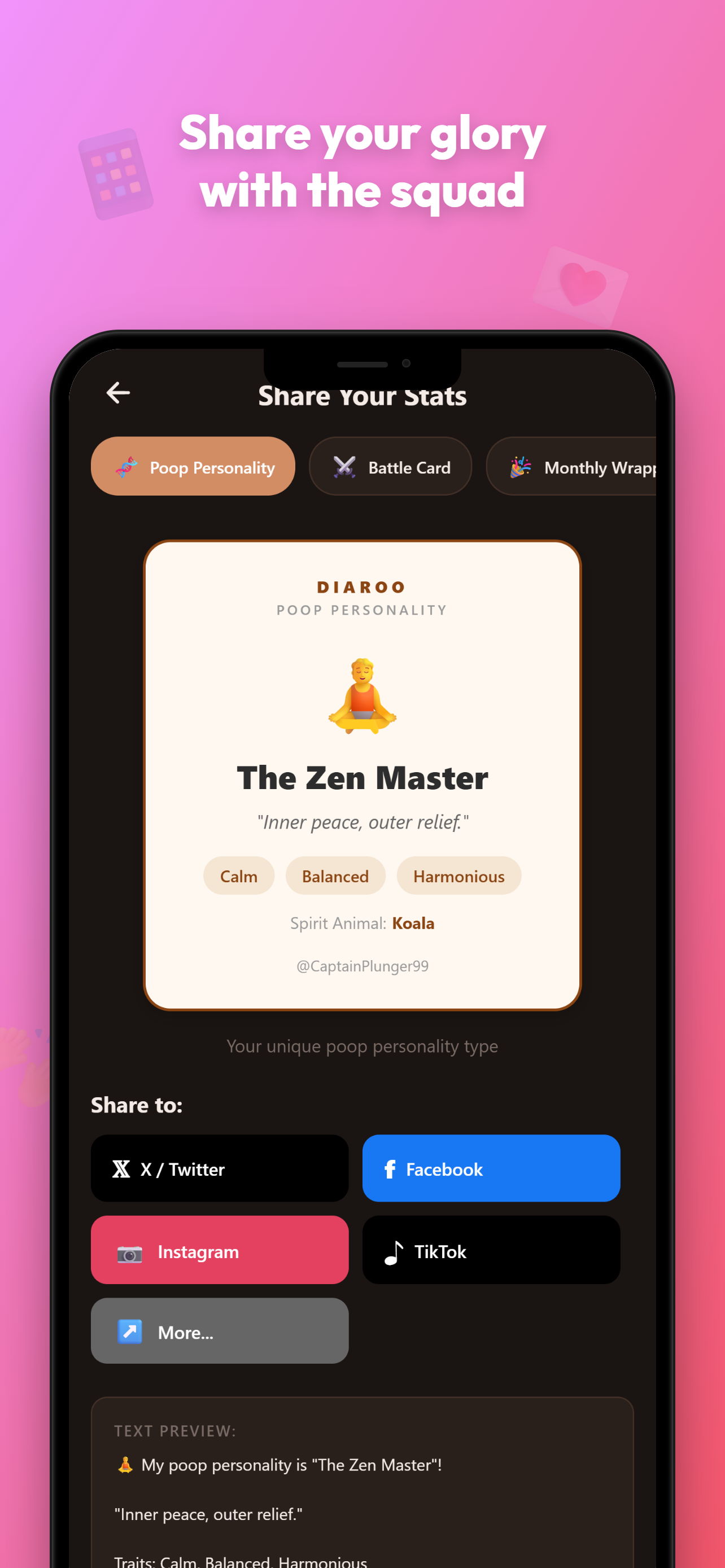 Diaroo social sharing screen